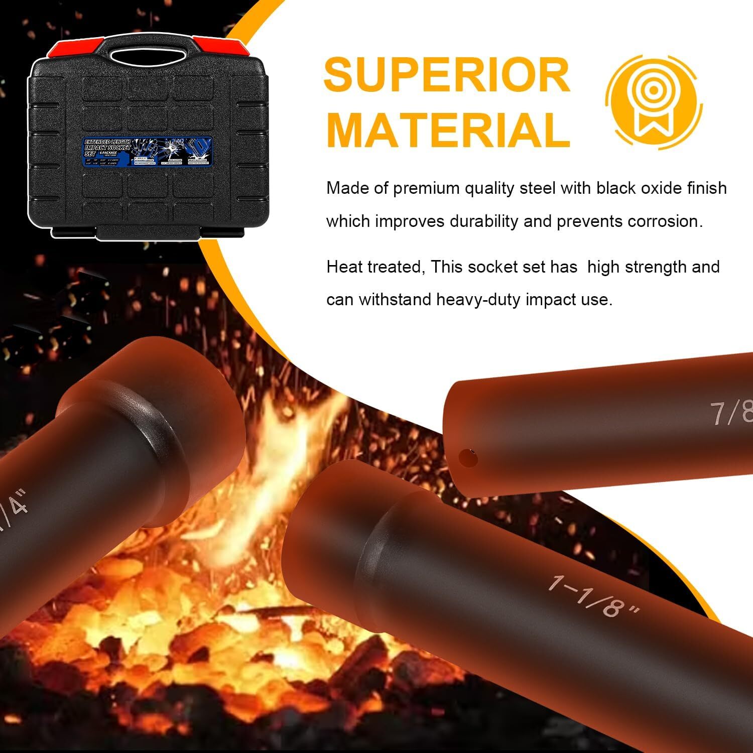 1/2 Inch Drive Extended Length Impact Socket Set 6 Sizes Heavy Duty with Case