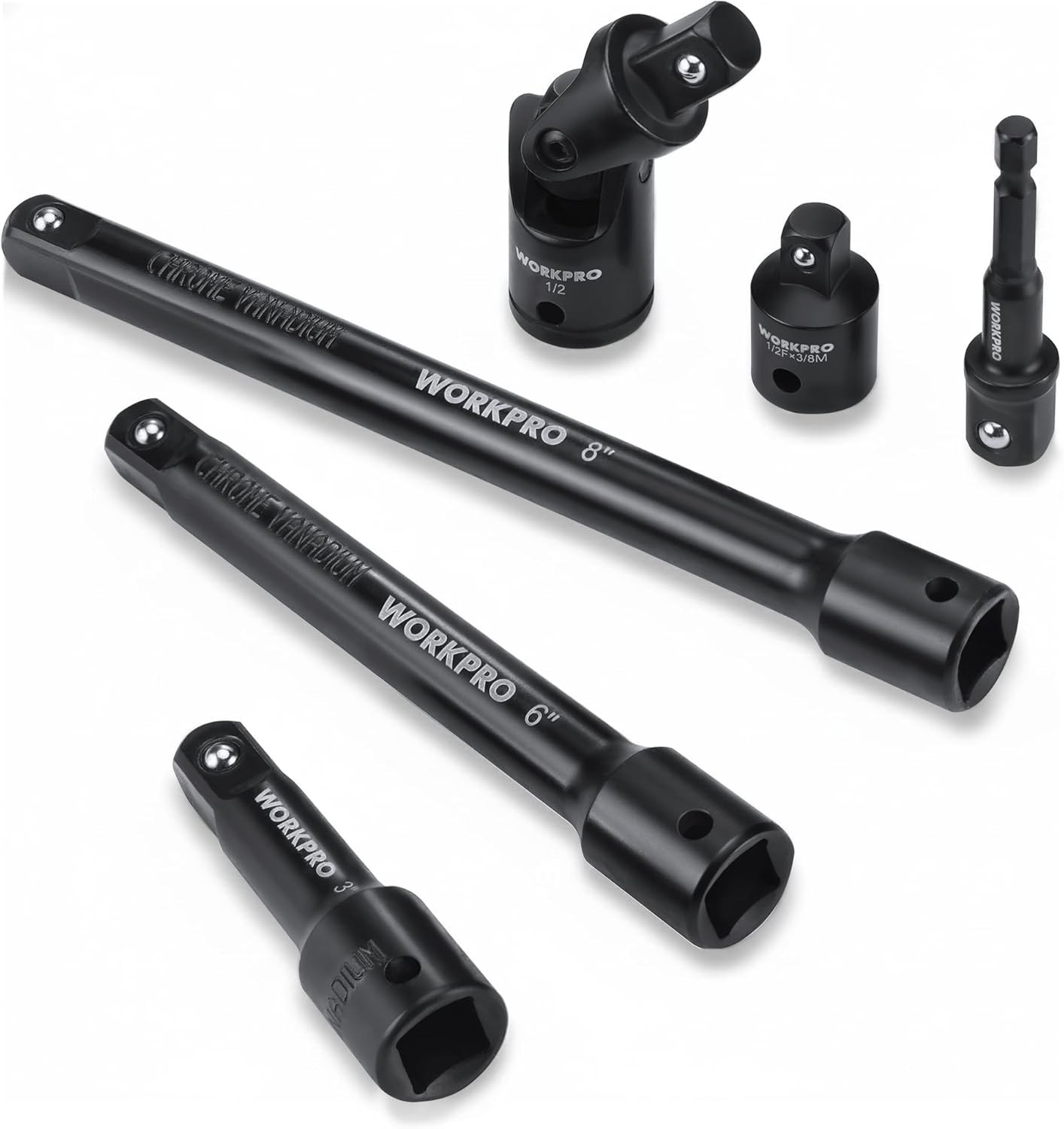 WORKPRO 6-Piece 1/2″ Drive Impact Socket Extension Set, Includes 3″, 6″, 8″ Exte
