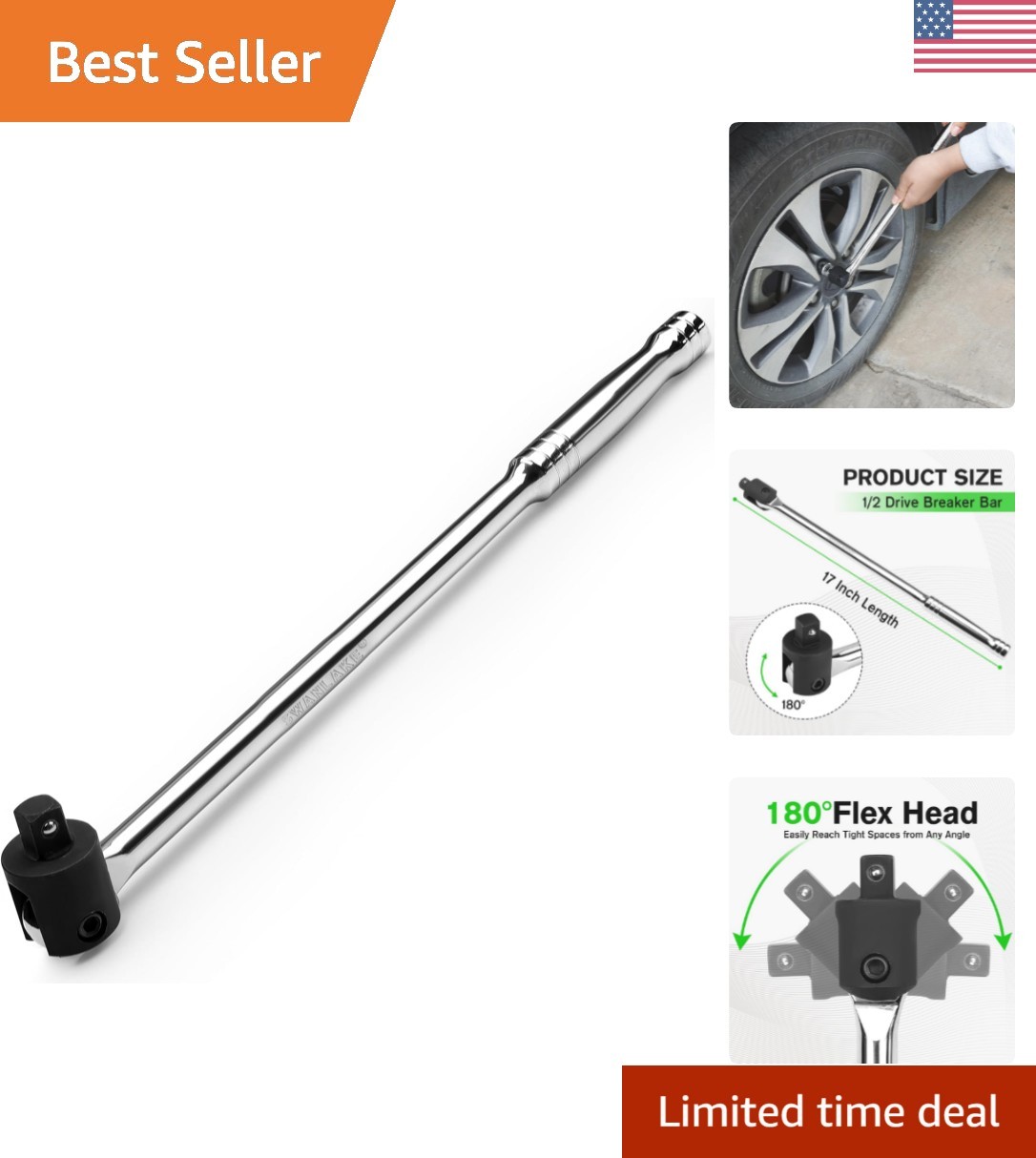 SWANLAKE 1/2 Breaker Bar 17.5″ with 180° Rotatable Head for Tough Fasteners