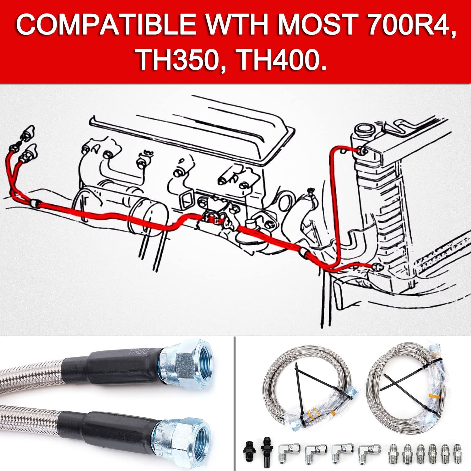 6AN 70″ Transmission Cooler Hose Kit Lines Fitting for 70 inches, Style 2