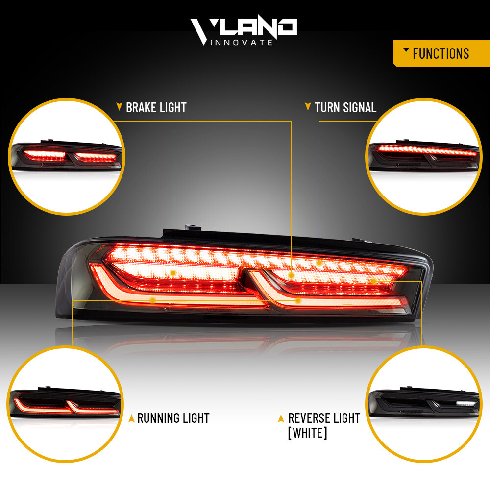 VLAND LED Tail Lights For Chevy Camaro 2016-2018 DRL FULL Smoke Red Signal Light
