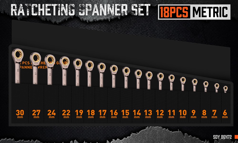 18Pc Ratchet Wrench Set Metric 6-30mm Spanners 72-tooth Nickle Plated Pouch Tool
