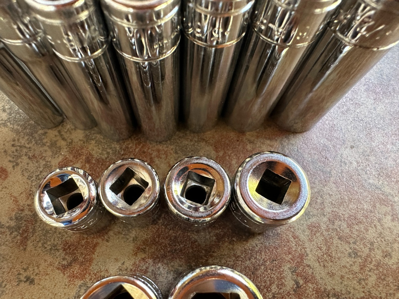 13 – P-F Deep and Normal Sockets 3/8 and 1/4 drive. Mostly New see sizes below