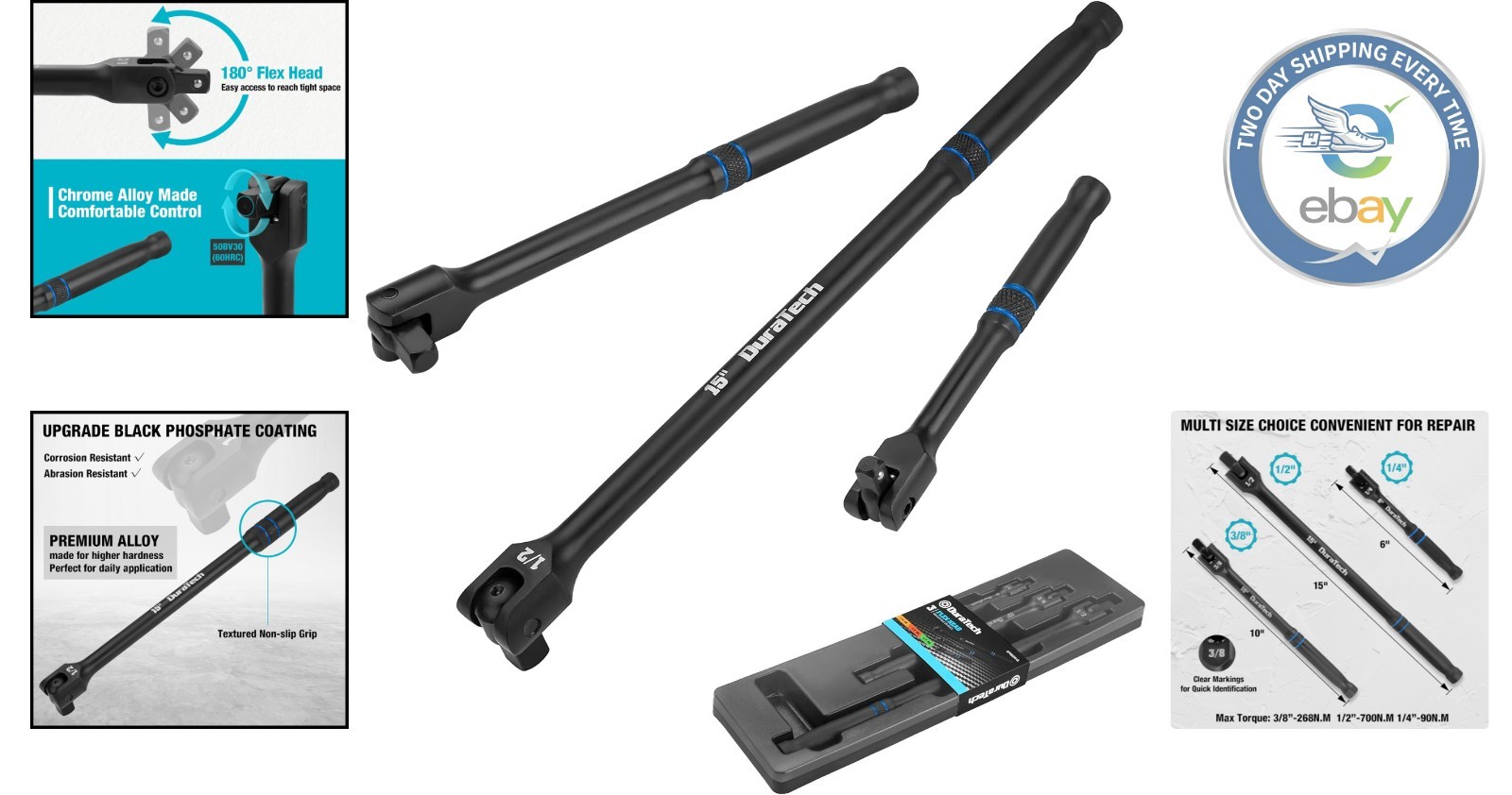 Ergonomic 3-Piece Breaker Bar Set – 6″, 10”, 15” Lengths with Tight Socket Grip