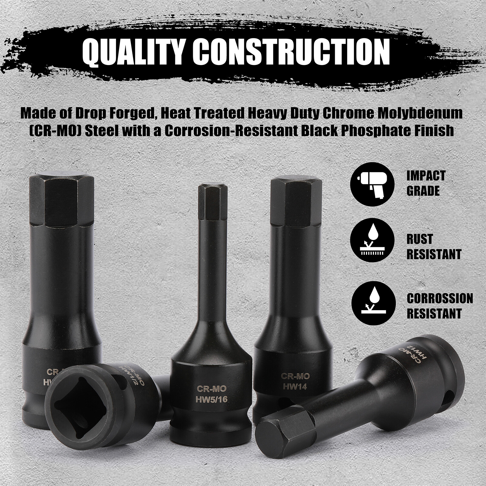 1/2″ Drive Master Impact Hex Bit Set SAE 1/4″-3/4″,Metric 6mm-19mm Cr-Mo