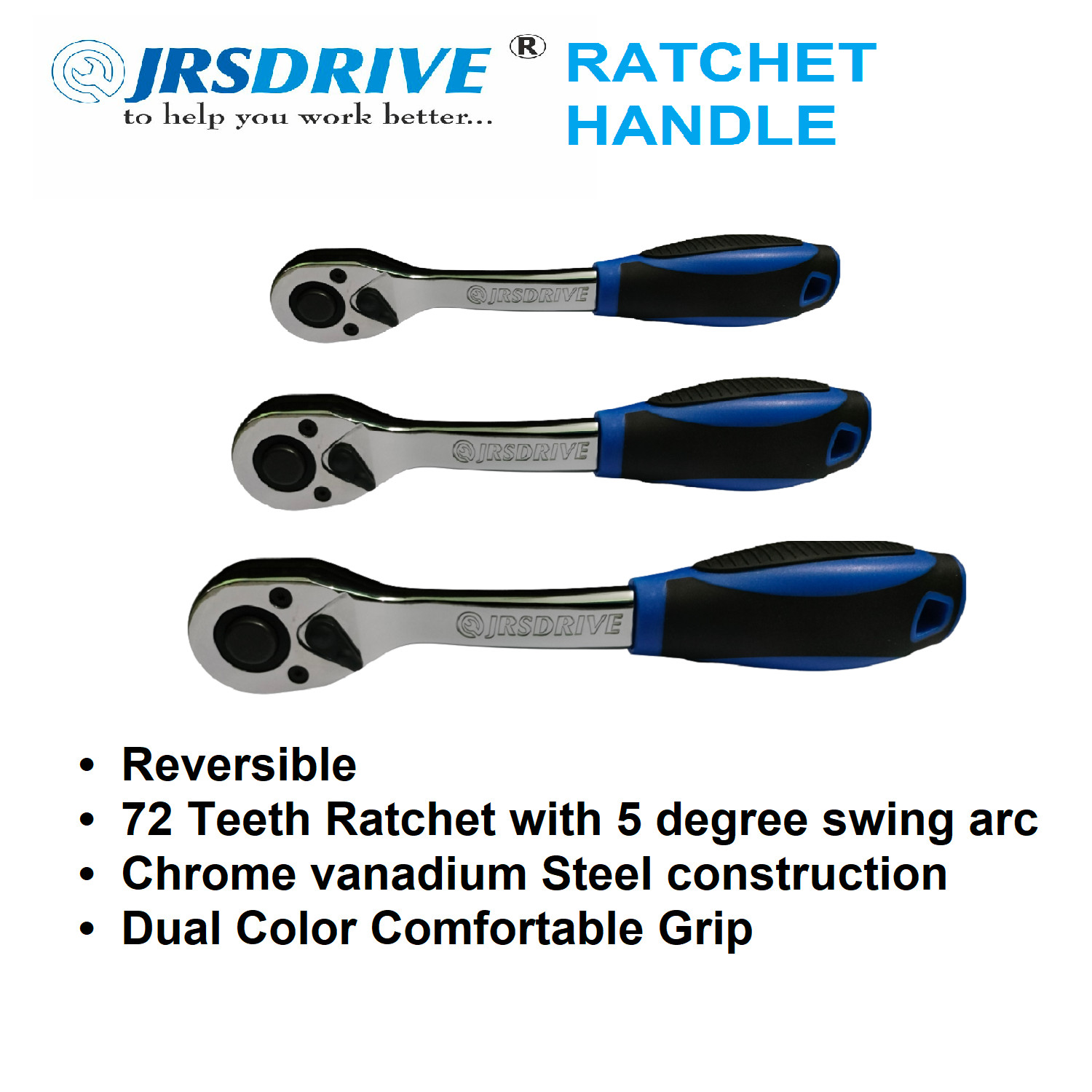Jrsdrive Ratchet Handle set of 3 pcs, Reversible 72 Teeth CRV, Dual Color Grip