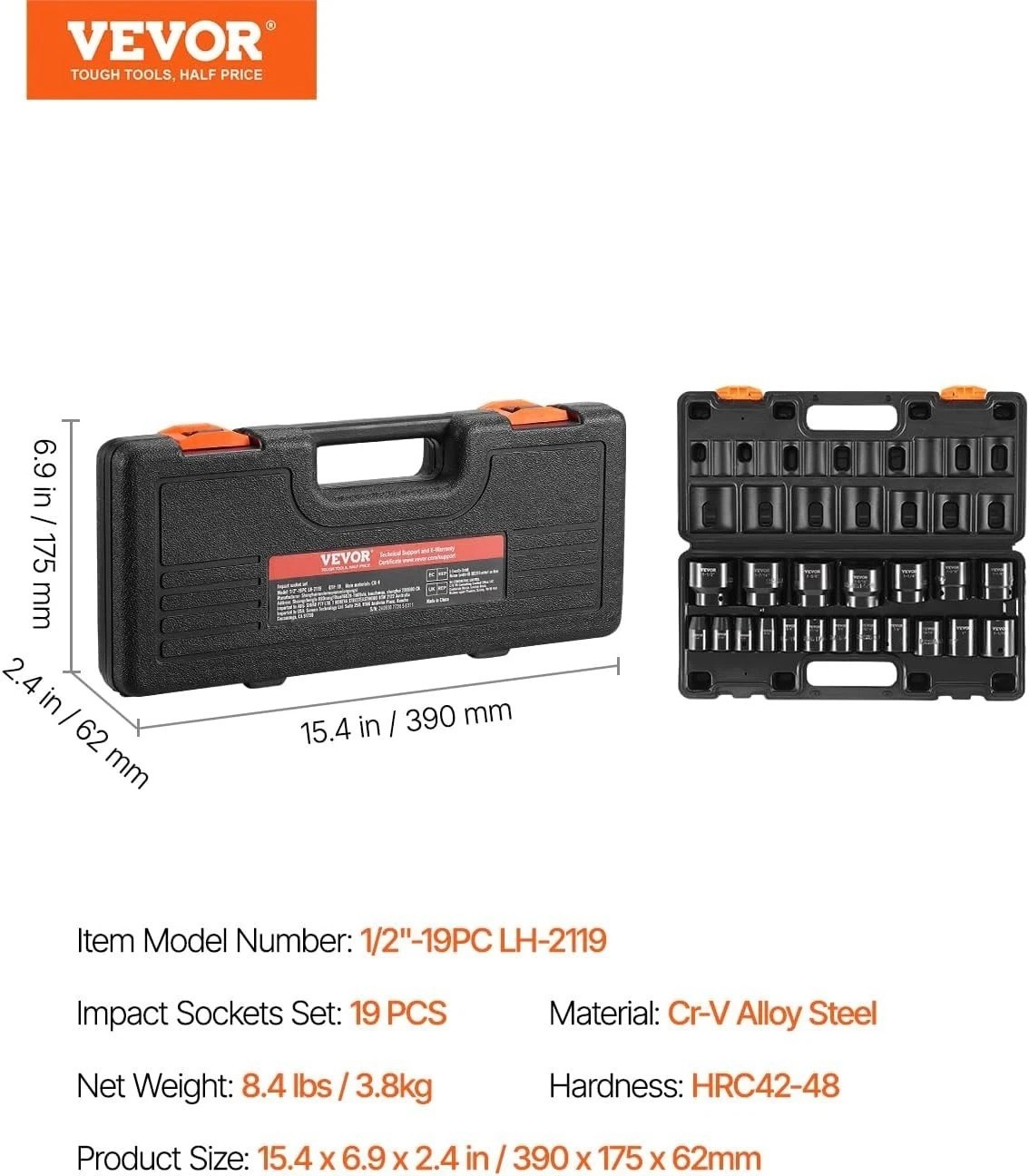 Vevor Impact Socket Set 1/2 Inches 19 Piece SAE Hex Impact Sockets