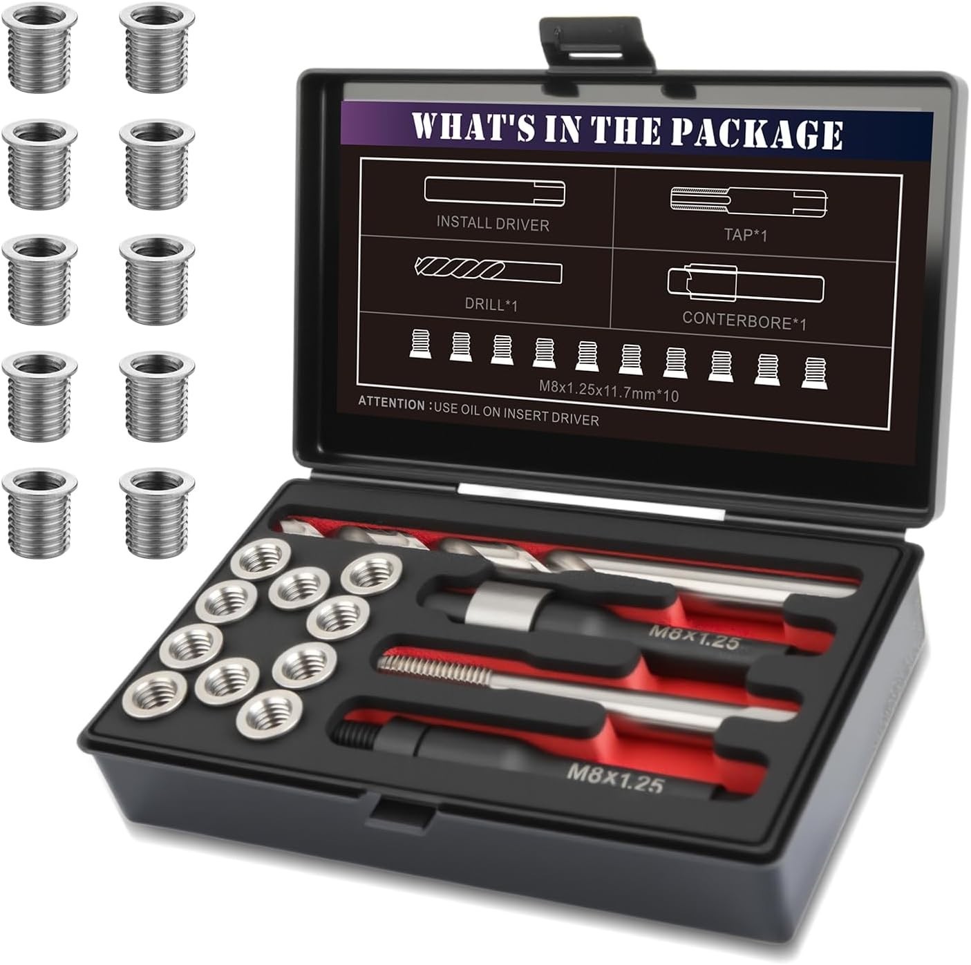 Repair Damaged Threads with M8x1.25 Thread Kit – Includes Drill & 10 Inserts