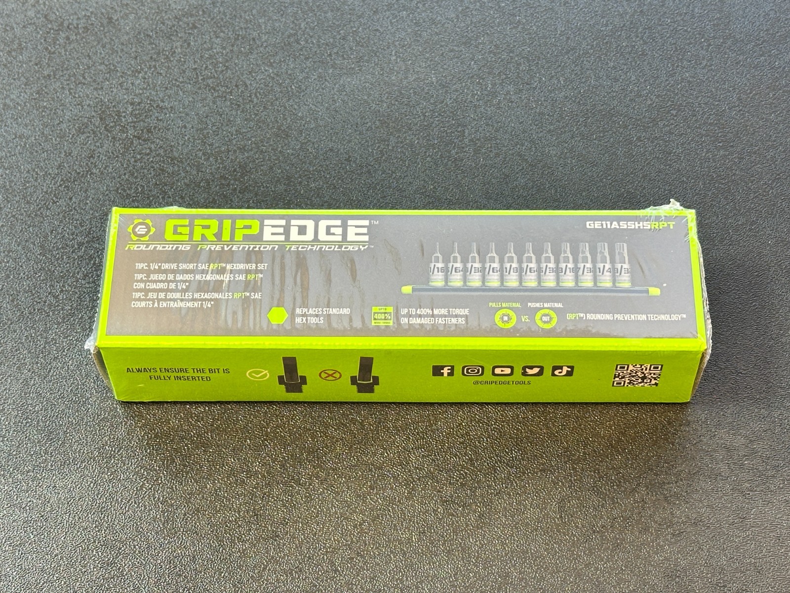 GripEdge GE11ASSHSRPT 11pc 1/4″ Dr. Short SAE RPT Hex Driver Set, 1/16″ – 9/32″