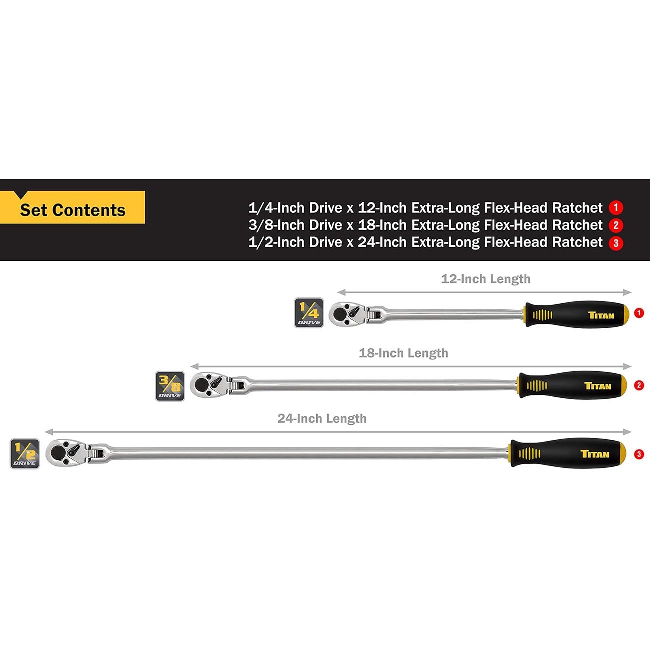 Titan 11303 3 Pc. Extra-long Flex-head Ratchet Set