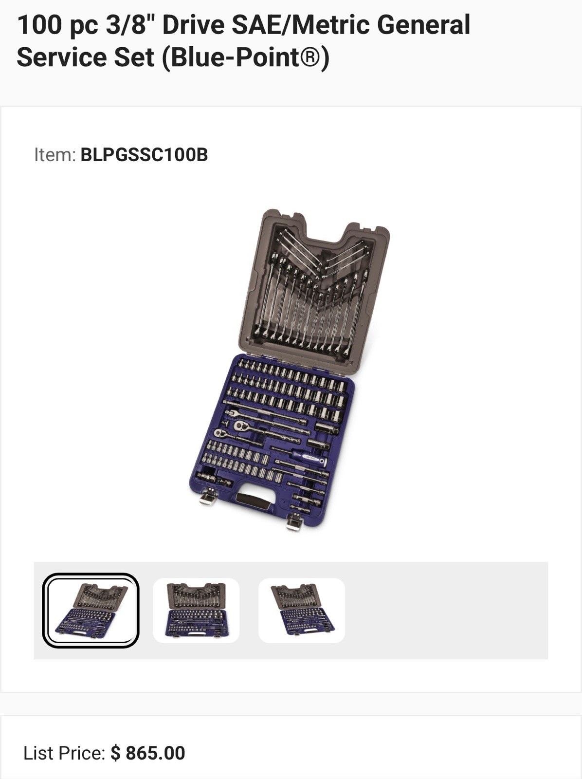 100 pc 3/8″ Drive SAE/Metric General Service Set (Blue-Point®)