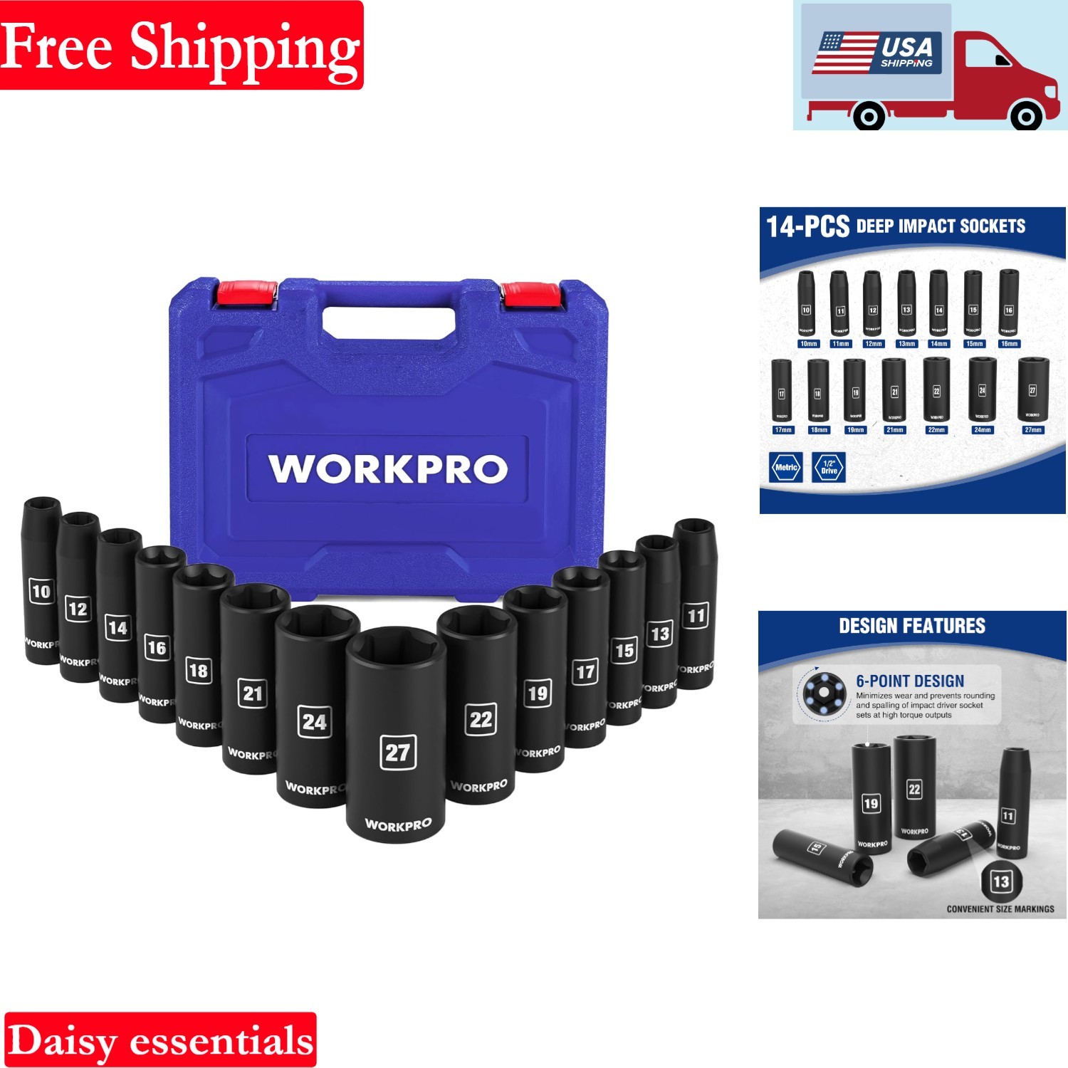 14-Piece 1/2″ Drive Deep Impact Socket Set 6-Point Cr-V Steel for Automotive …