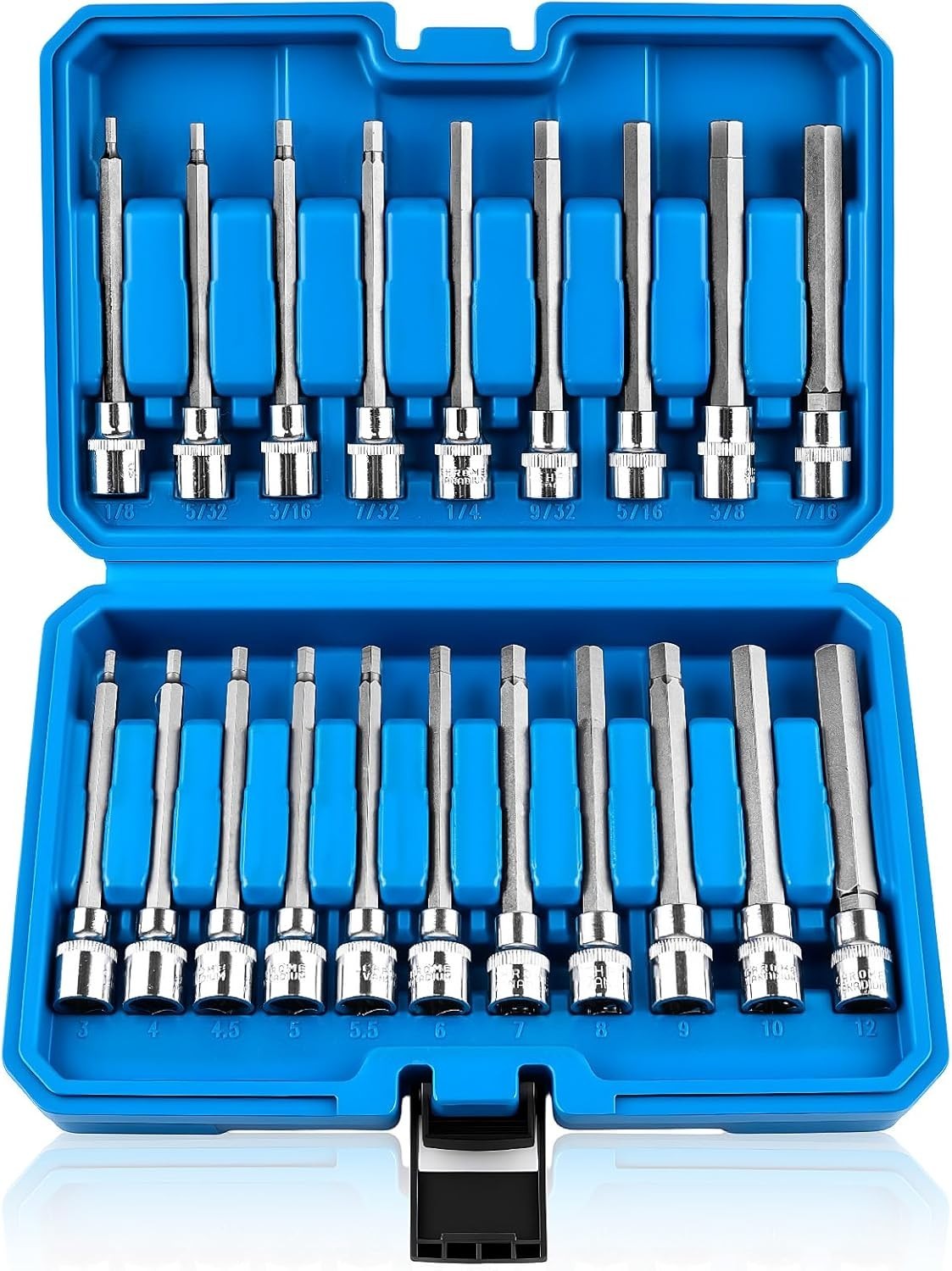 20PCS Extra Long Allen Hex Bit Socket Set 3/8″ Drive SAE Metric CR-V S2 Steel