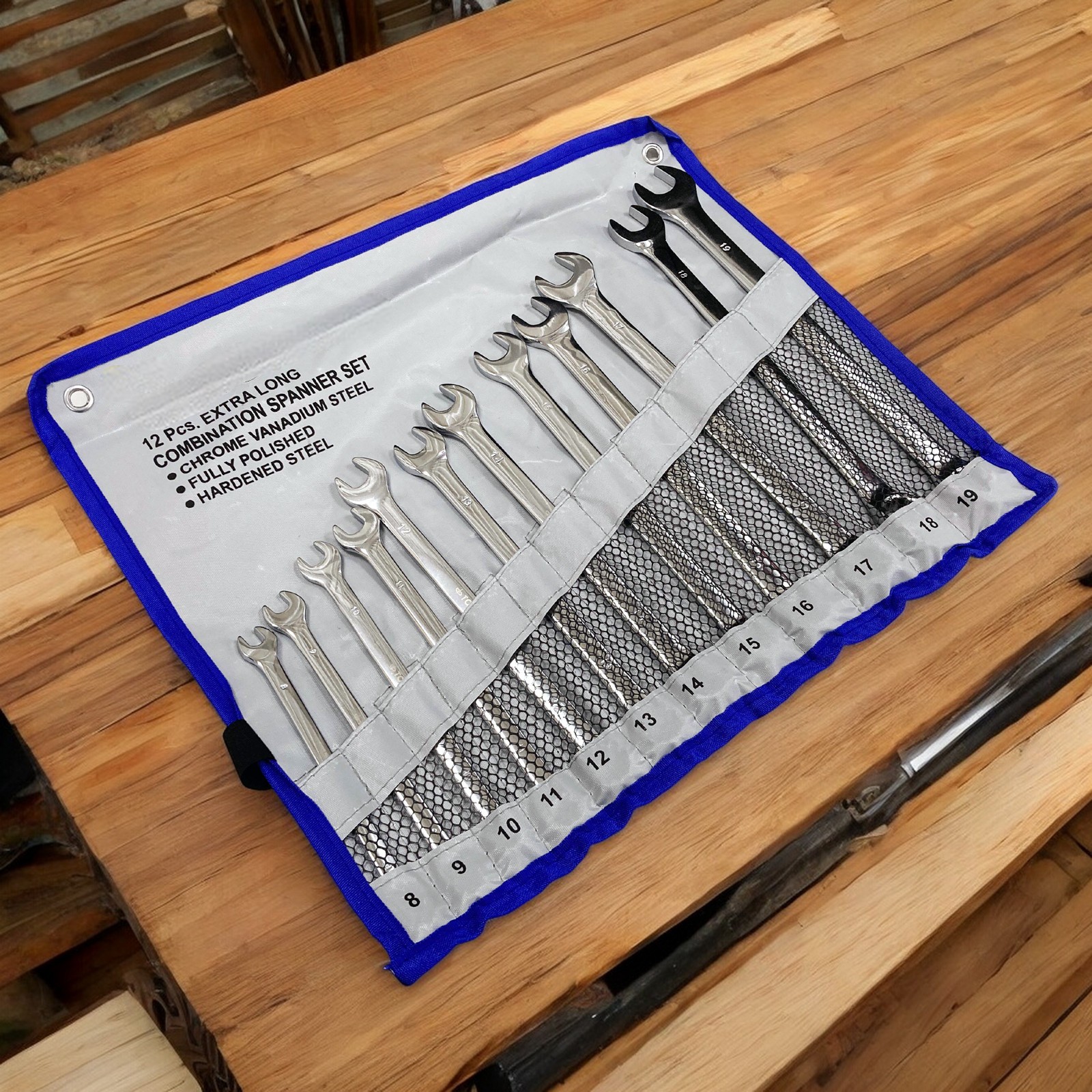 12pc Combination Spanner Set Extra Long 8-19mm Metric Wrenches Open Ring + Roll