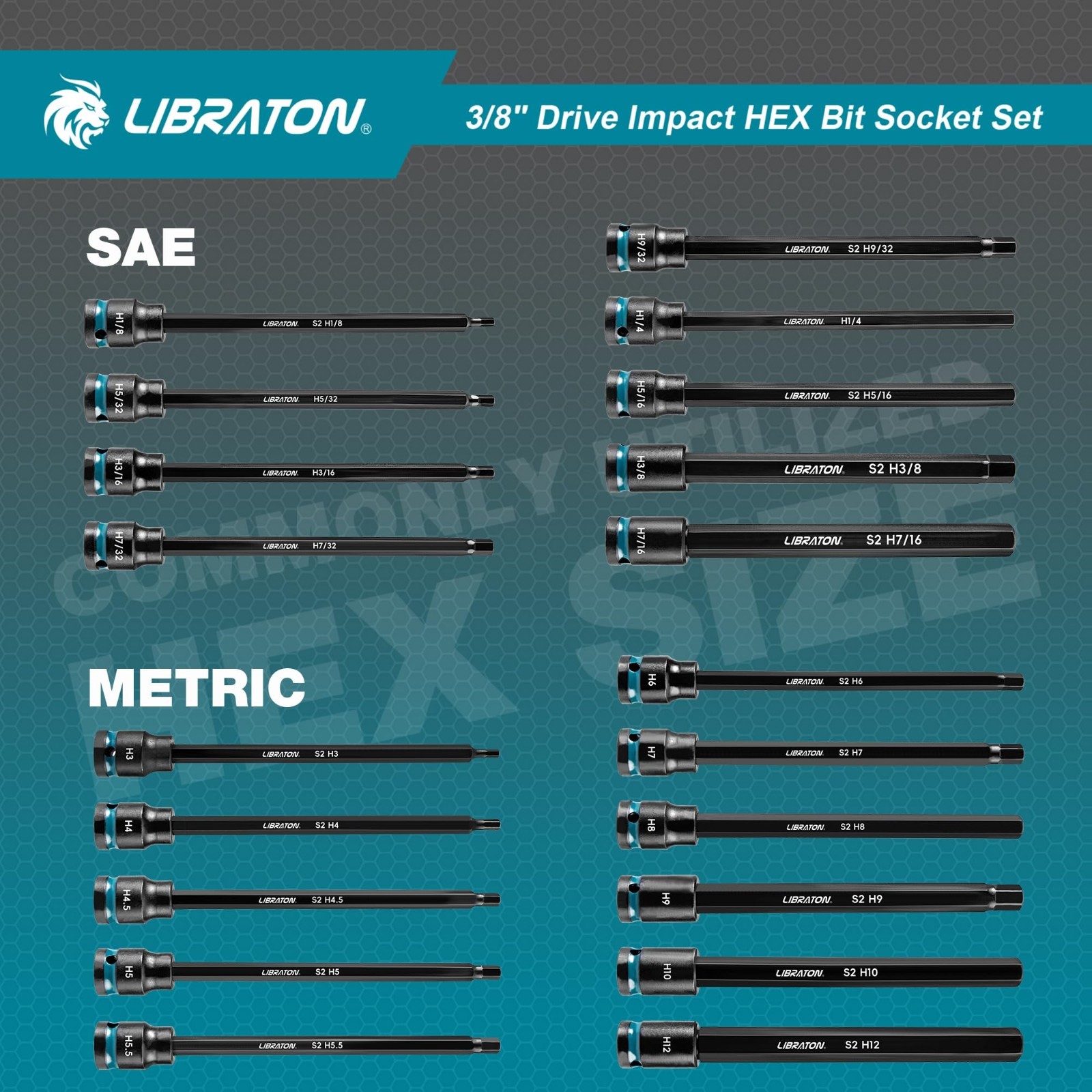 20PCS Long Impact Hex Bit Socket Set – 3/8″ Drive, S2 Steel, SAE & Metric, 6″ Le