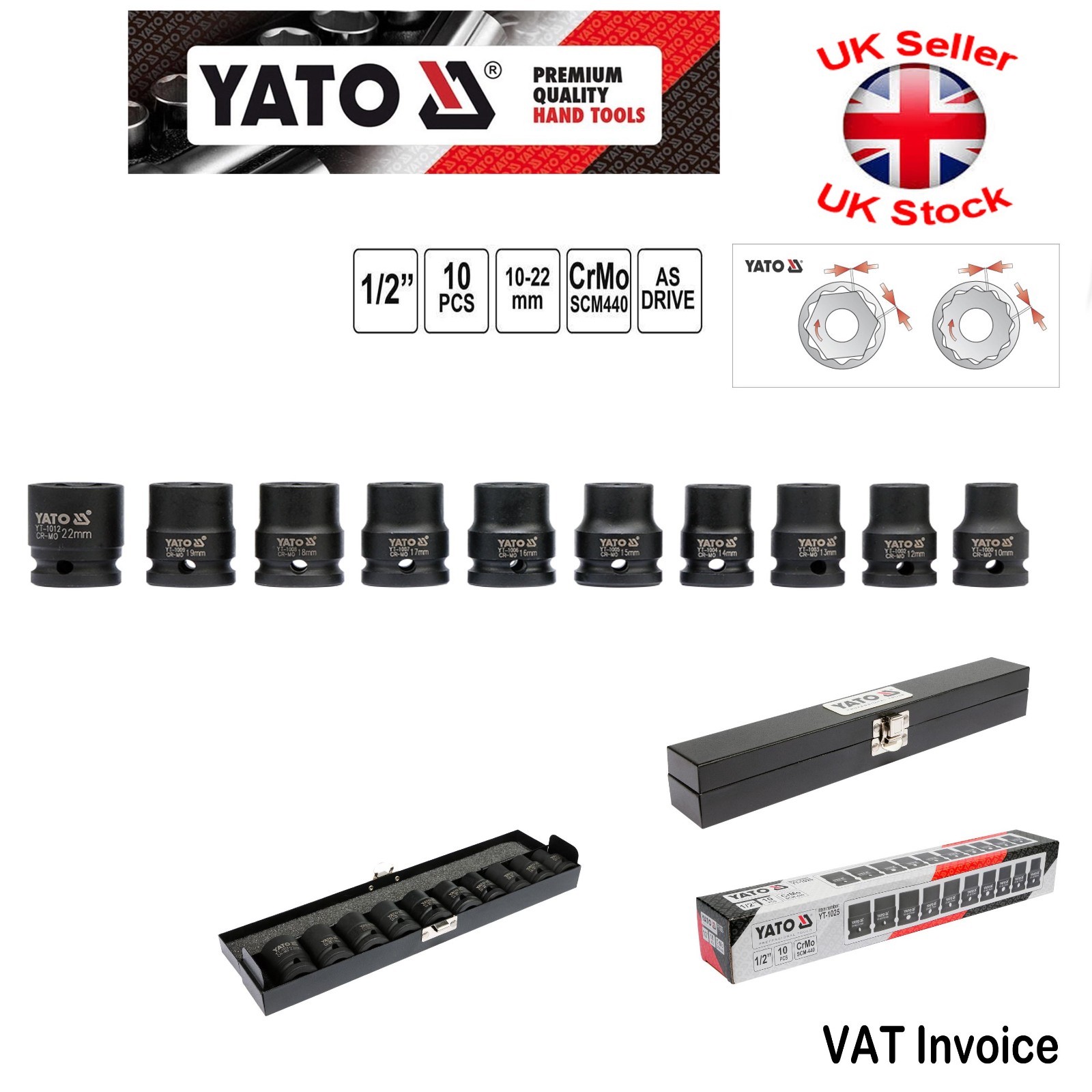 Yato Professional Impact Power Impact Wrench Socket Set 1/2″ Short 10PCS 10-22mm