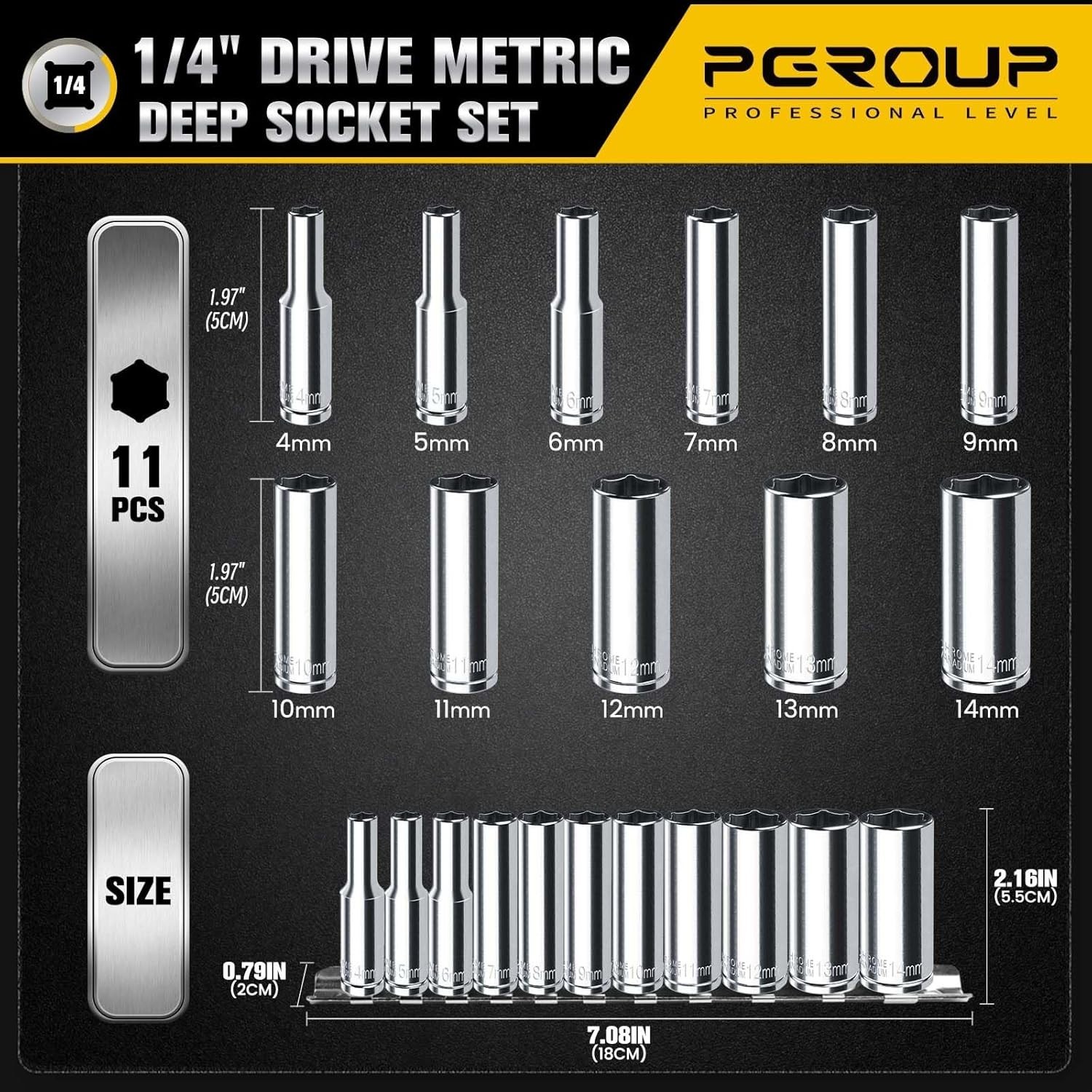 1/4 Inch Drive Socket Set 11pcs Deep Metric Sockets Chrome Vanadium Steel