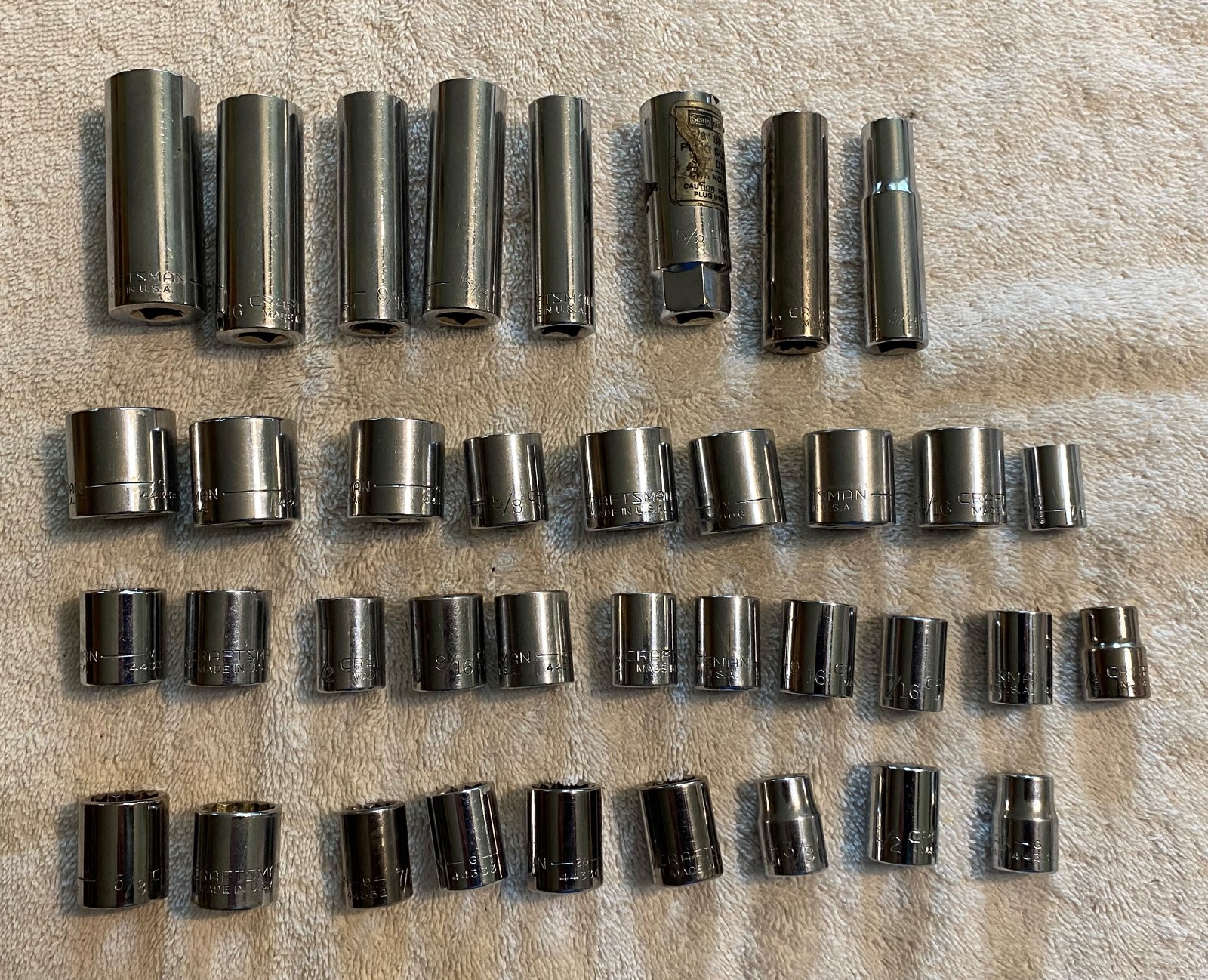 Lot of 37 – Craftsman 3/8″ Drive Assorted SAE Sockets, Made in USA