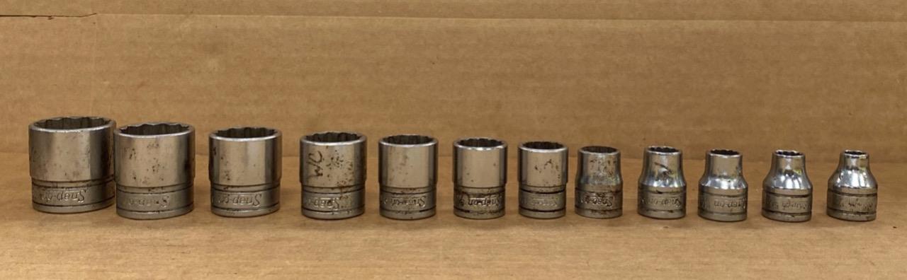SNAP ON 12 PC 3/8″ DRIVE 12 PT SHALLOW SOCKET SET (1/2″ F081- 7/8″ F281) USED.