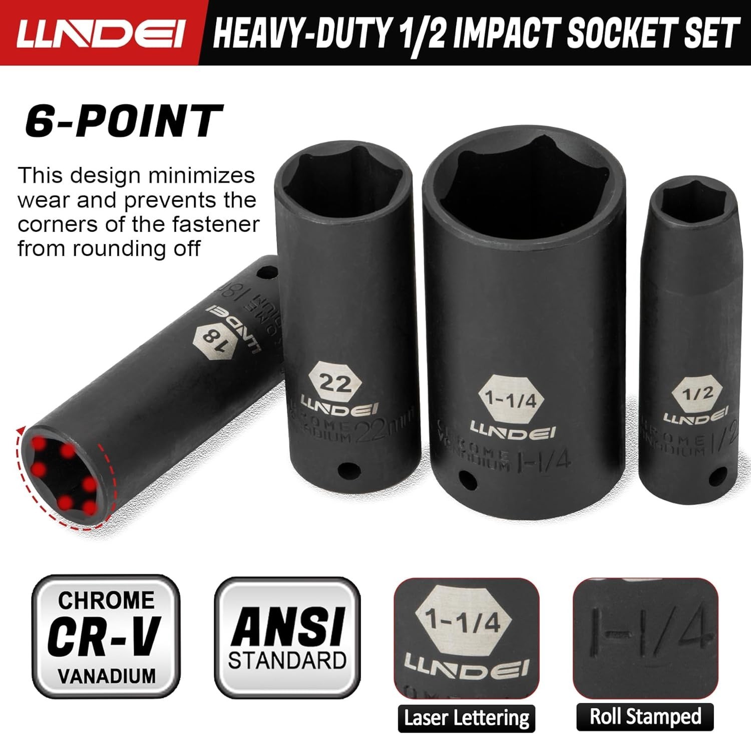 Versatile 1/2 Inch Deep Impact Socket Set, 37-Piece with 6-Point Design