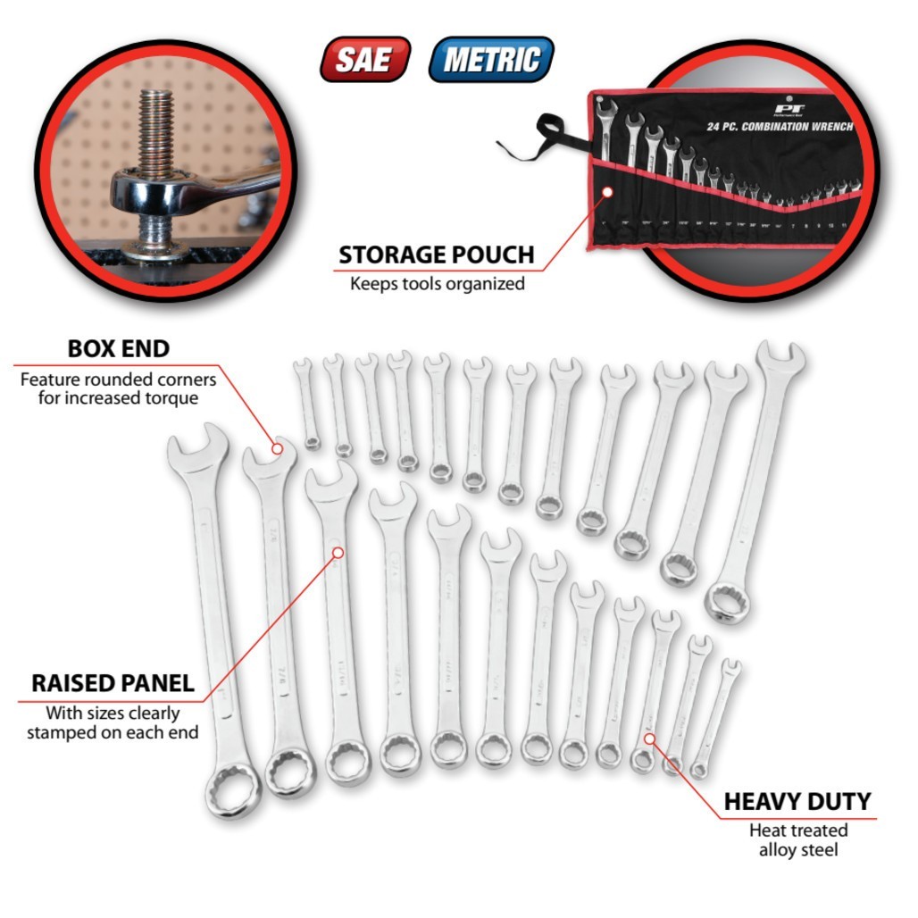 24 Pc SAE and Metric Wrench Set Full Size Mechanics Tools Wilmar W1074