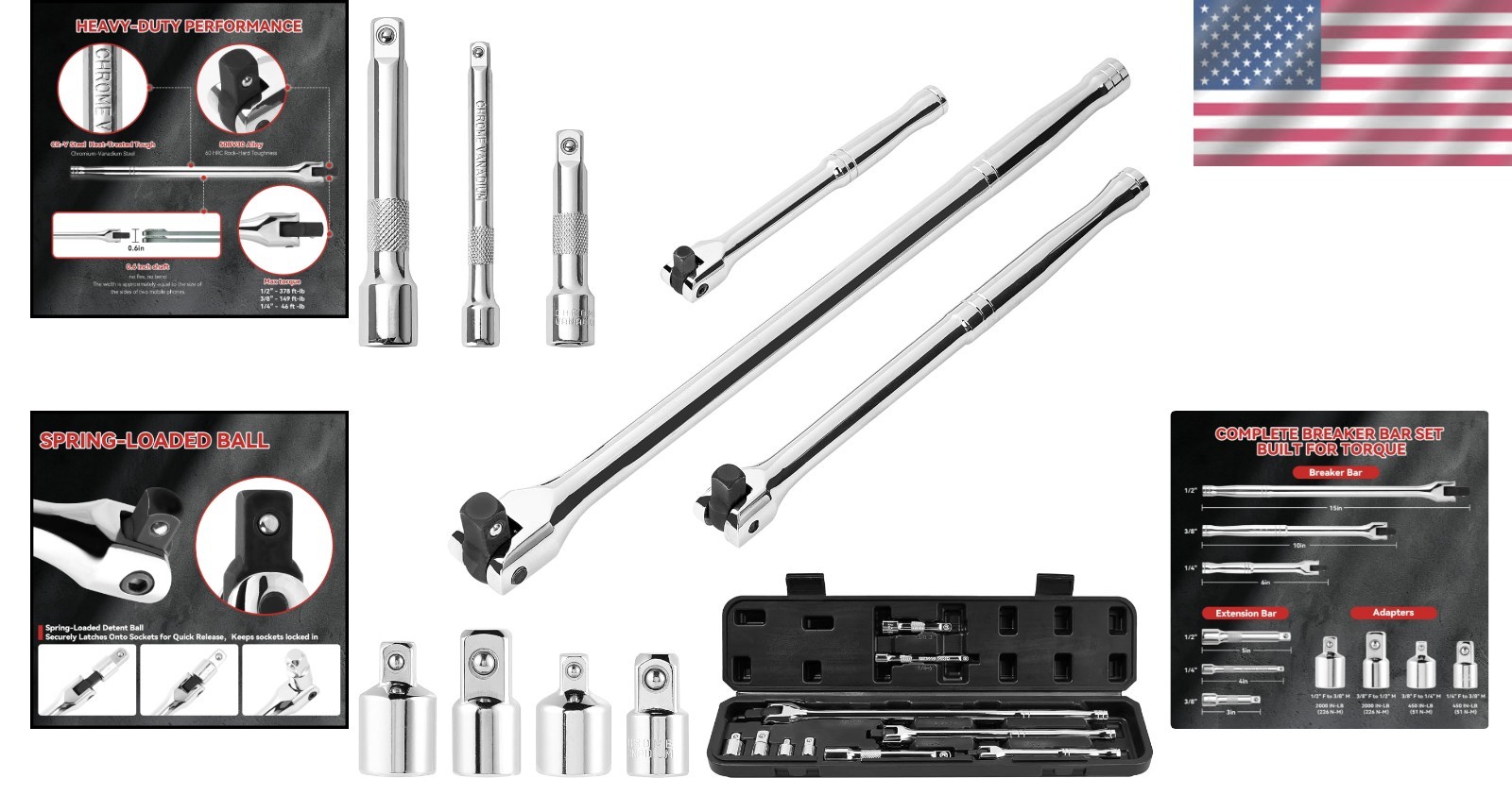 Breaker Bar Set 10 Pieces 3/8 In 1/2 In 1/4 In Drive Rotatable Head