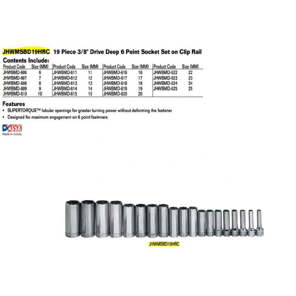19-Piece 3/8″ Drive Deep 6-Point Socket Set on Rail, Metric, Williams MSBD-19HRC