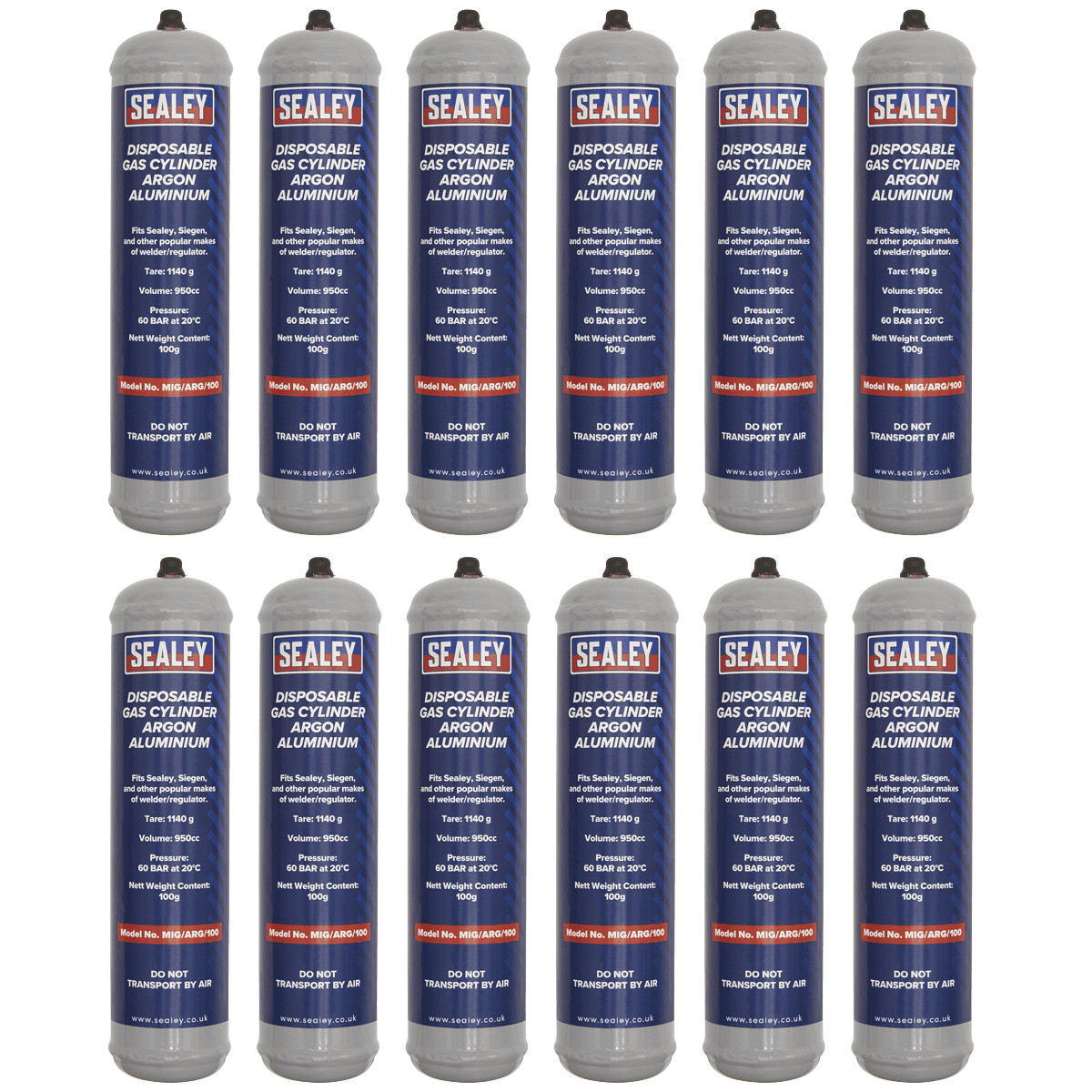 Sealey MIG/ARG/100/12 Gas Cylinder Disposable Argon 100g – Box of 12