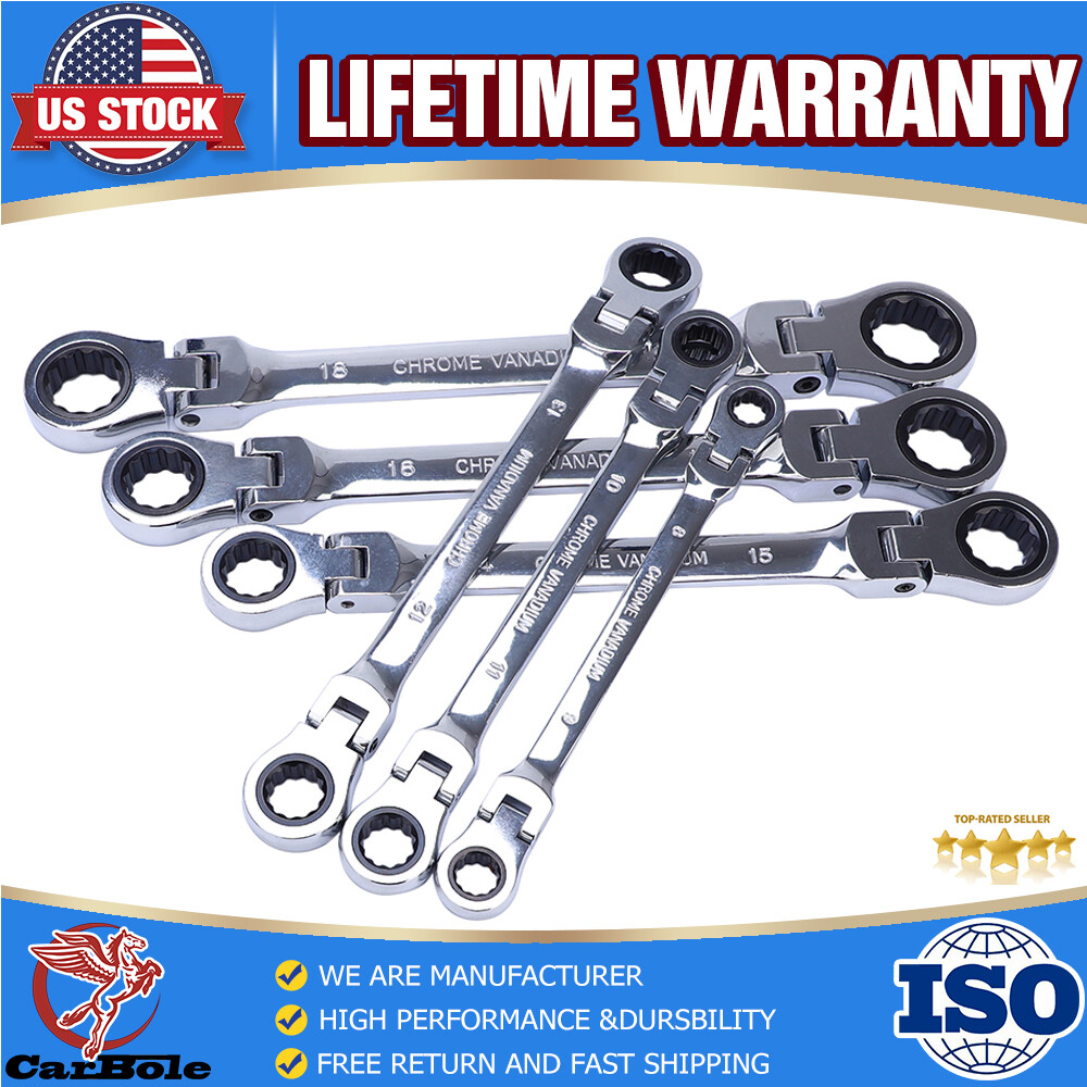 6Pc Extra Long Ratcheting Wrench Spanner Set Heavy Duty Flex-Head SAE Metric New