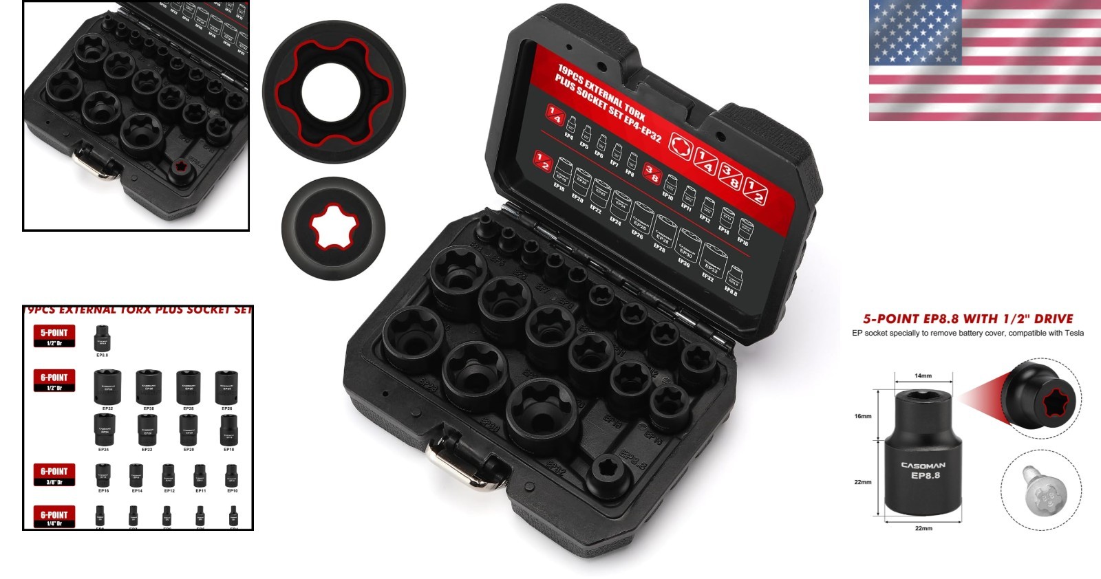 19PCS External Torx Plus Socket Set Chrome Vanadium 6 & 5 Point EP Compatible