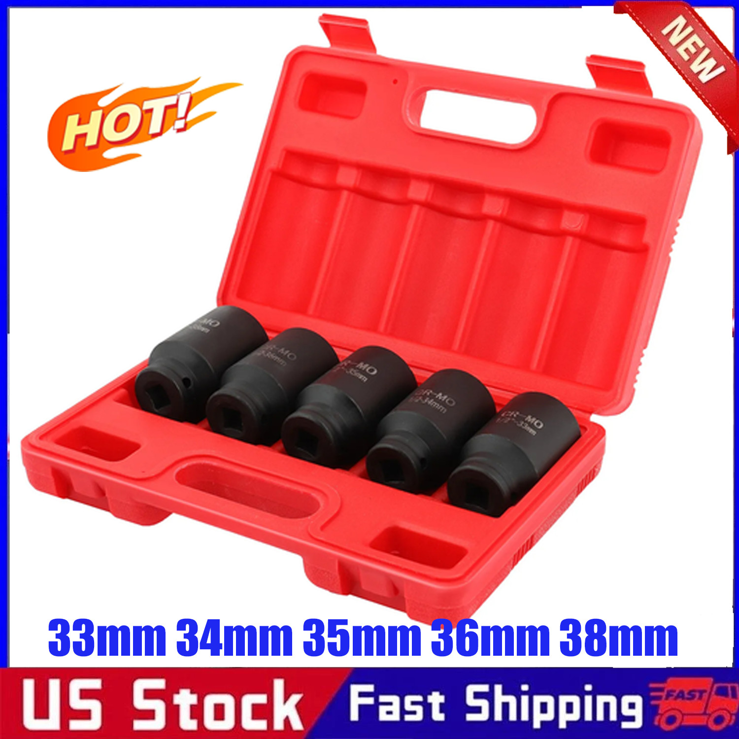 6 Point 33mm 34mm 35mm 36mm 38mm 5Pcs 1/2″ Drive Deep Impact Axle Hub Socket Set