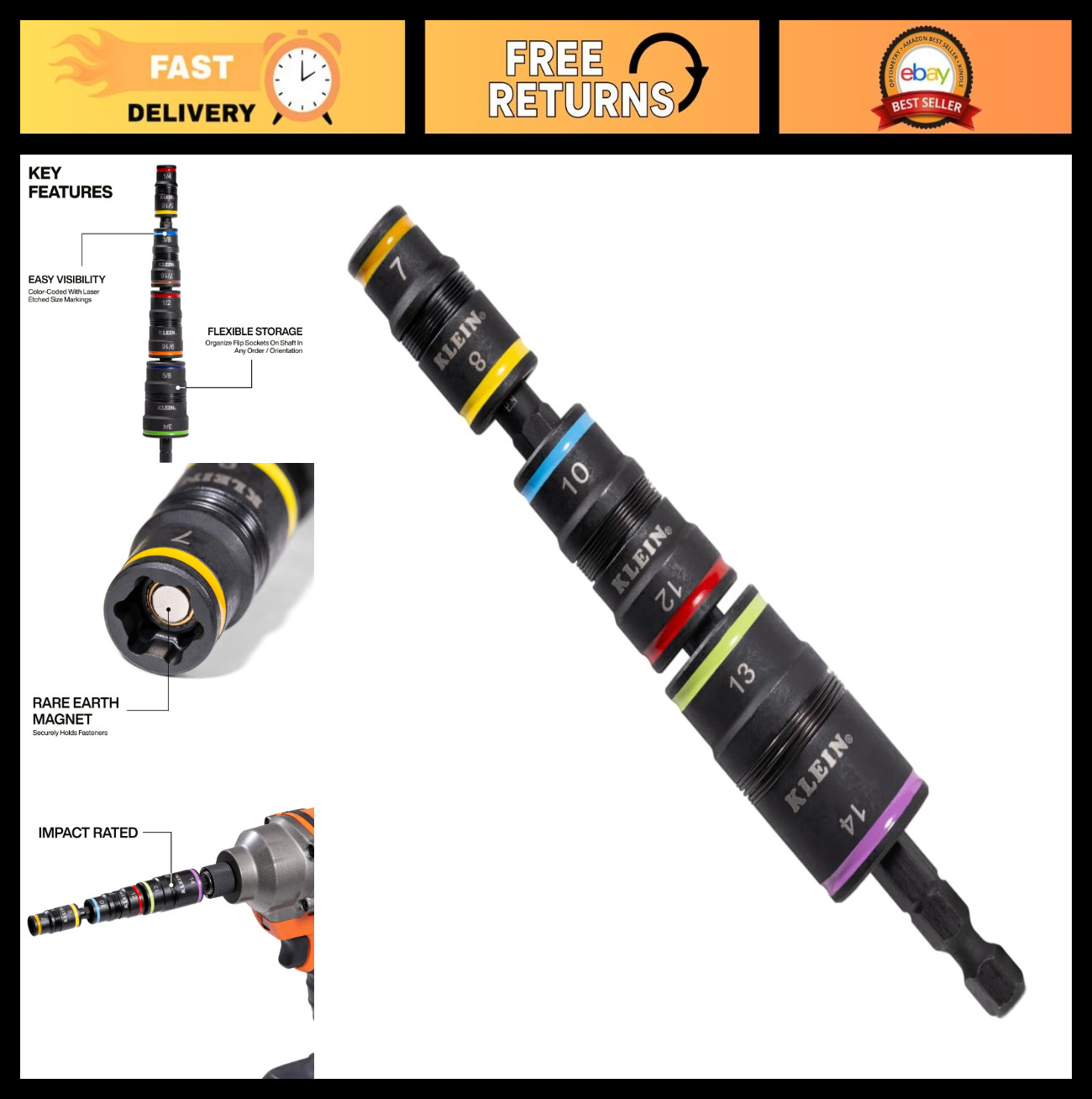 6-in-1 Metric Impact Socket Set, 3 Flip Sockets, 7-14mm Nut Drivers, Impact Rate