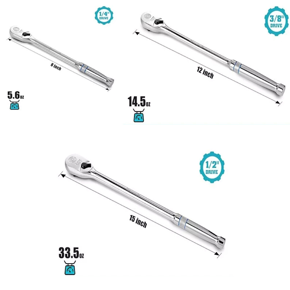 1/4″/3/8″/1/2″ Drive Extra Long Handle Ratchet Wrench 90Tooth Reversible Ratchet