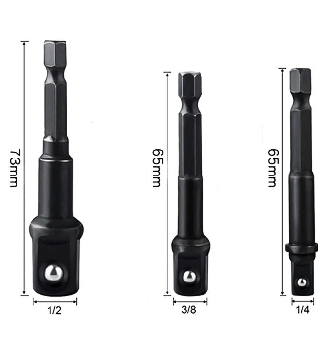 Impact Drill Bit Socket Adaptor 1/4″ 3/8 1/2″ Hex Drive to Square Convertor 3pc