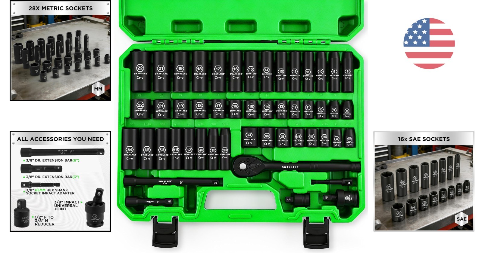 Swanlake 50-Piece Impact Socket Set – SAE & Metric, 3/8» Drive for Mechanics