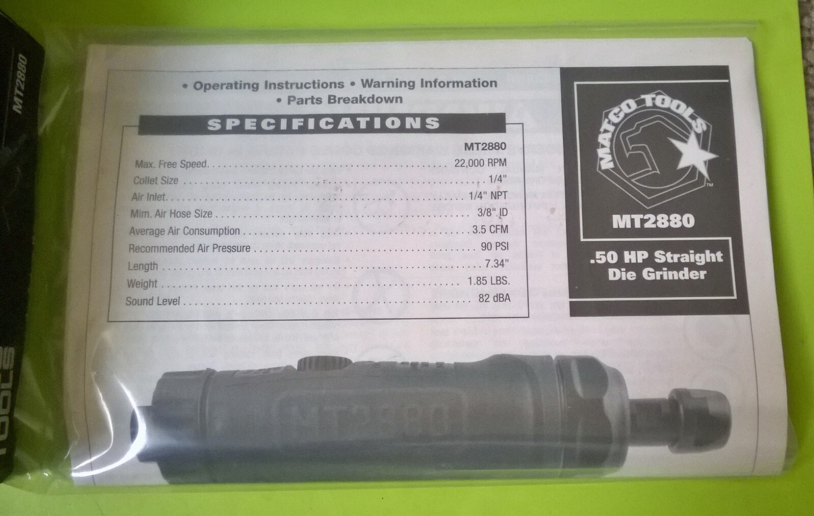 Matco Tools MT2880 .50HP Pneumatics Air Straight Die Grinder 22,000 RPM Black