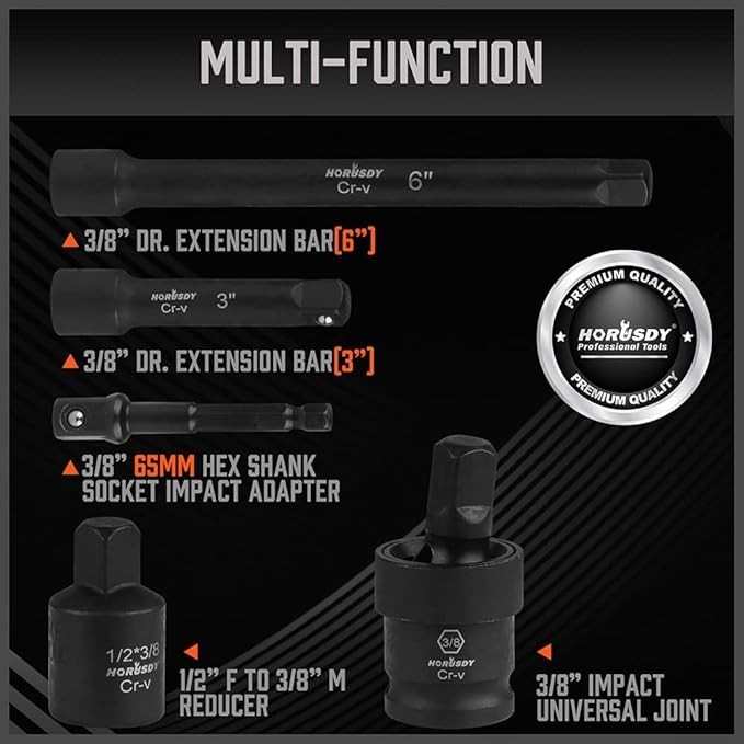 3/8 In. 6 Point Impact Socket Ratchet Drive and Metric Set
