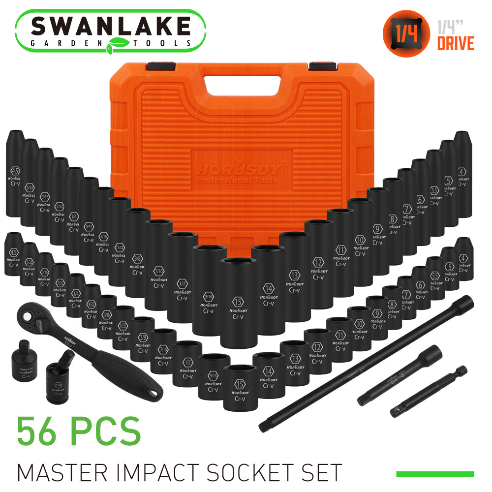 56PC 1/4″ Drive Impact Deep Socket Set Extension Bar Universal Joint SAE Metric