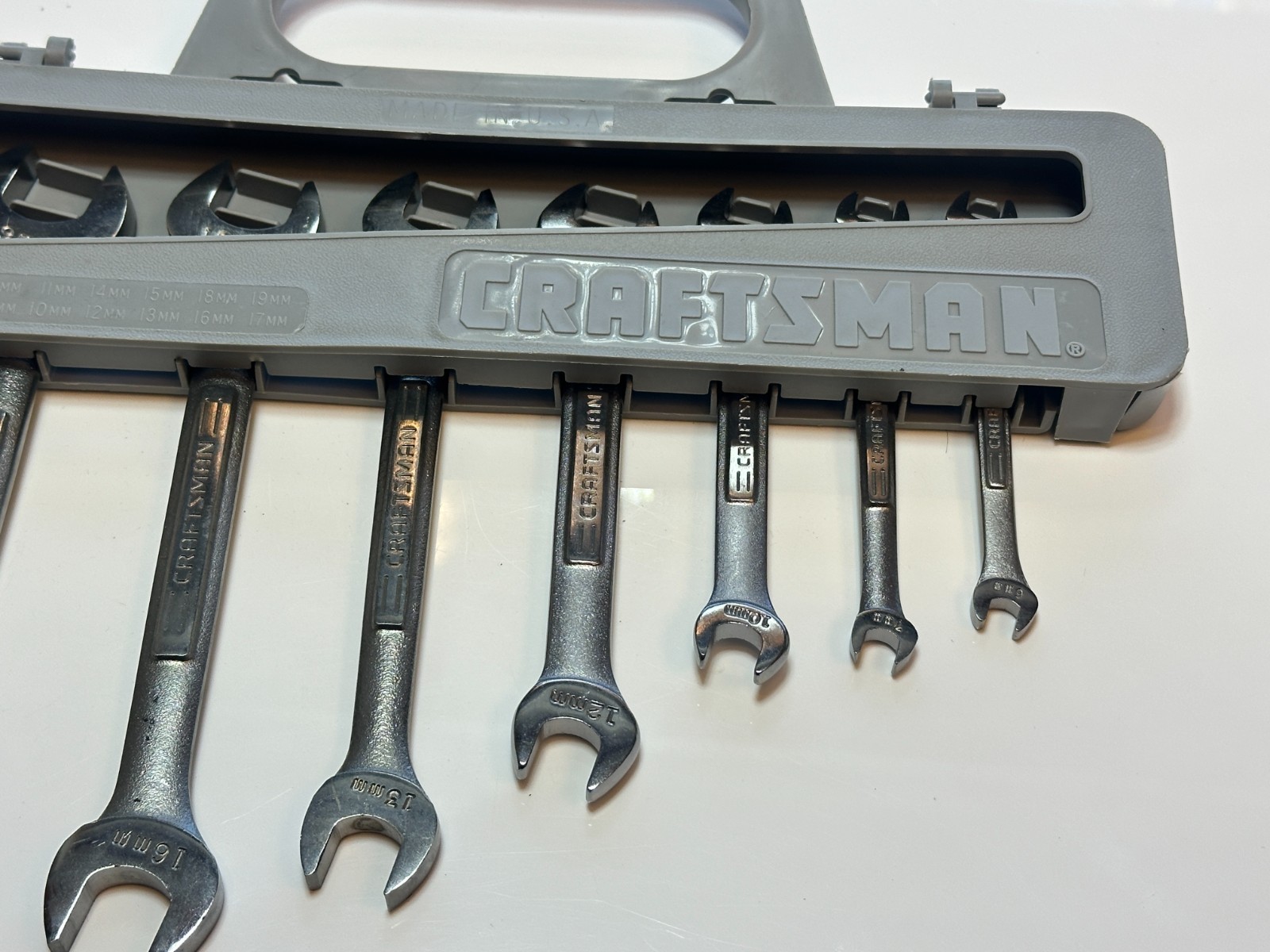 NOS Craftsman USA VV Series 7pc Metric Open-End Wrench Set (6mm – 19mm), Carrier