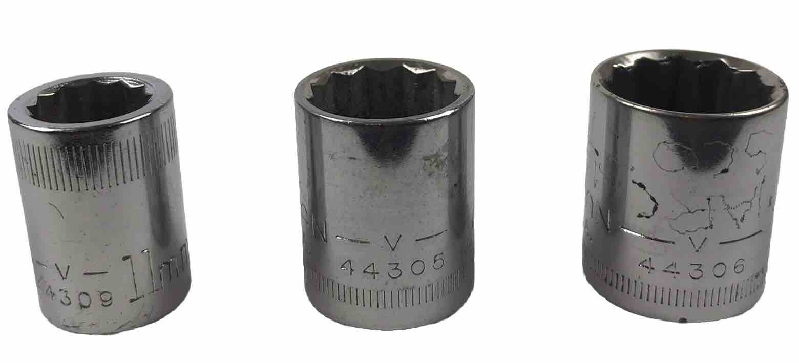 Lot of 3 Vintage Craftsman -V- Series Sockets 3/8”Drive 12 Pt 11MM 14 MM & 15 MM