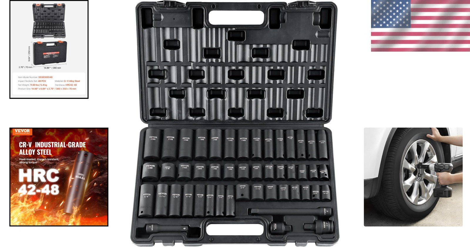 VEVOR Impact Sockets Set 48pcs 6-Point 3/8in Drive Bit Ratchet Tool Kit Case