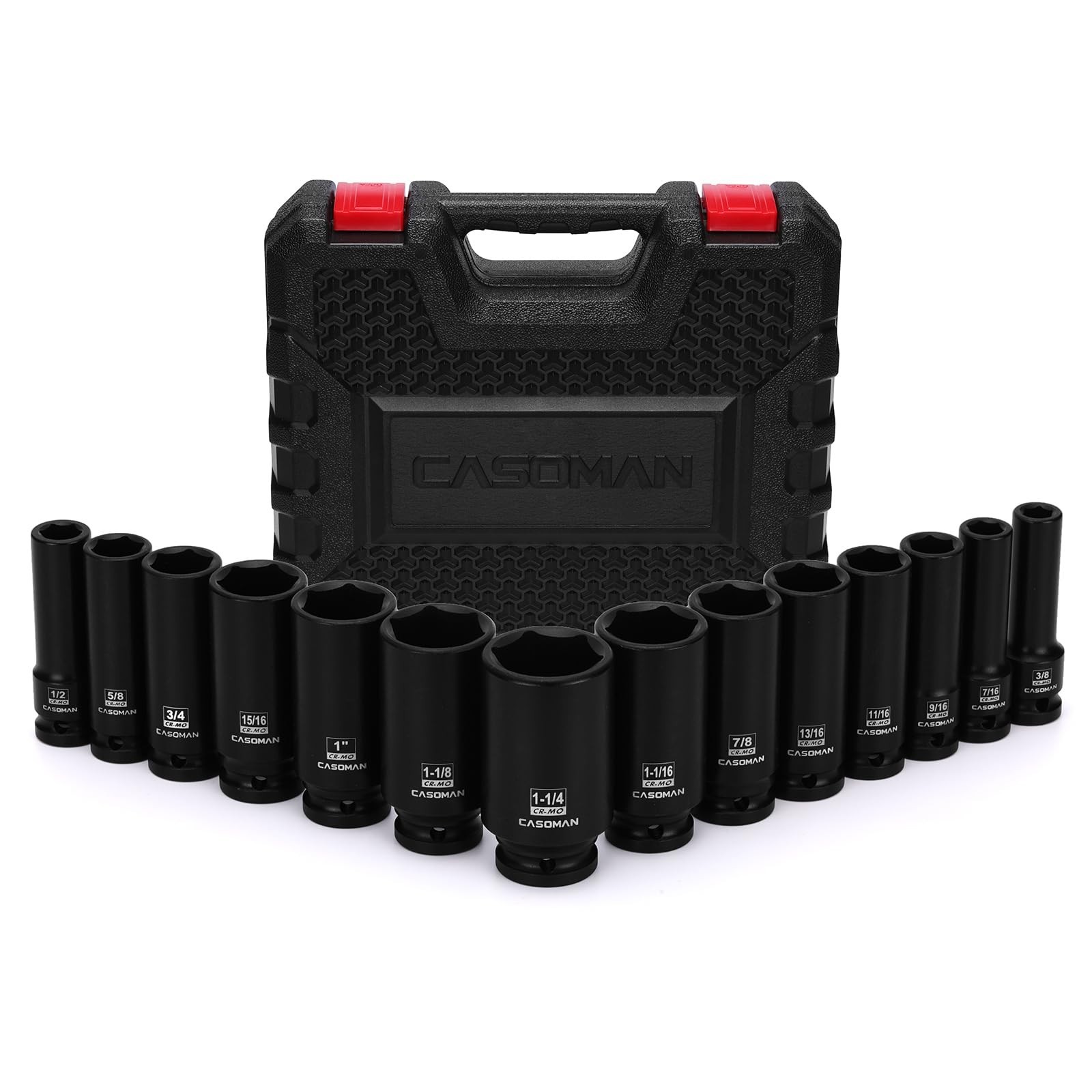 14PCS 1/2″ Drive Deep Impact Socket Set, SAE 6-Point, CR-MO, Auto Repair Tools,