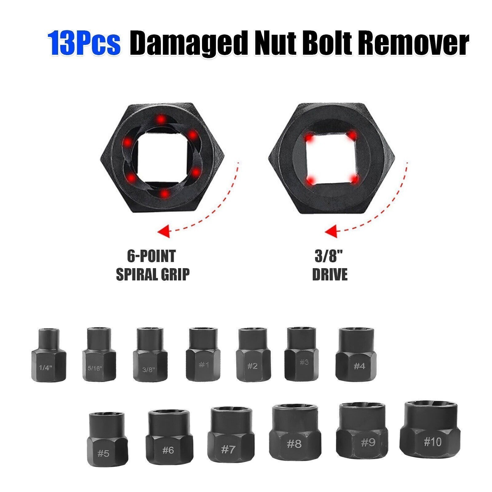 13PC Bolt Extractor Damaged Lug Nut Remover Twist Socket Extractor Tool 8-19MM .