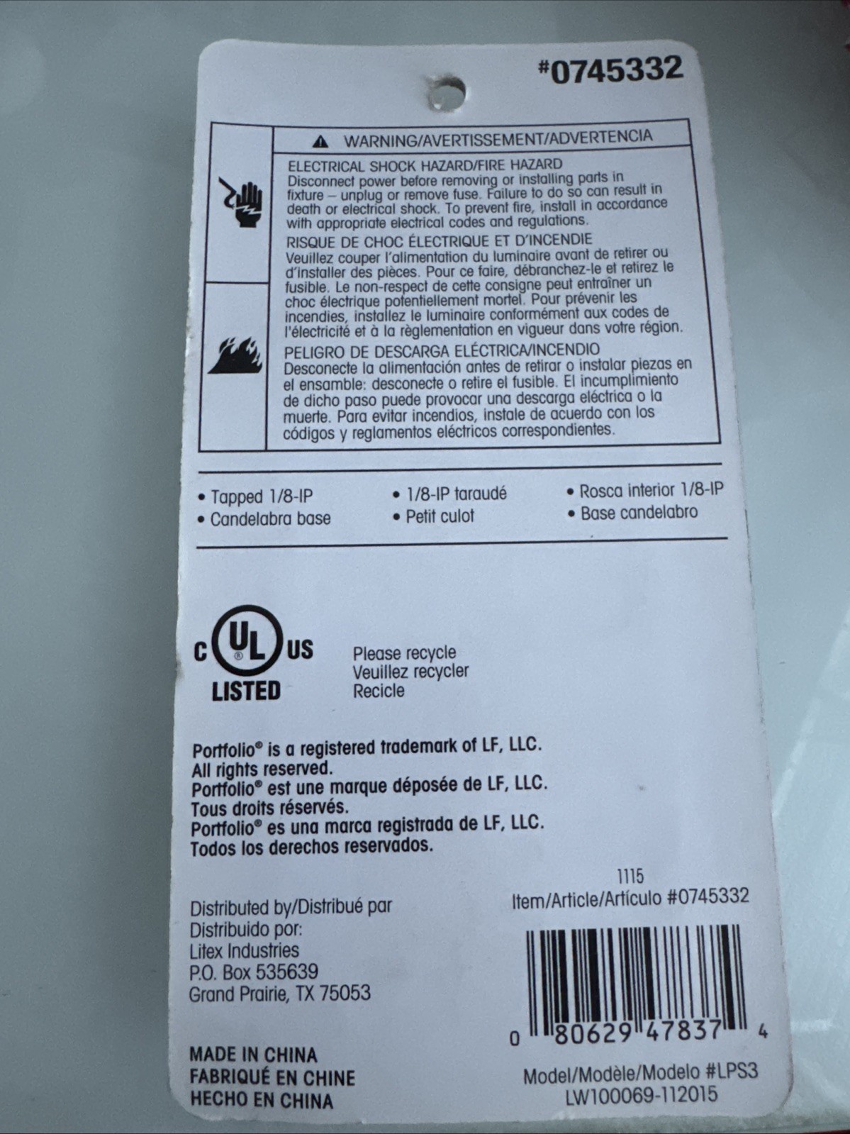 2 Ct Extended Keyless Socket Cand #0745332 Model LPS3