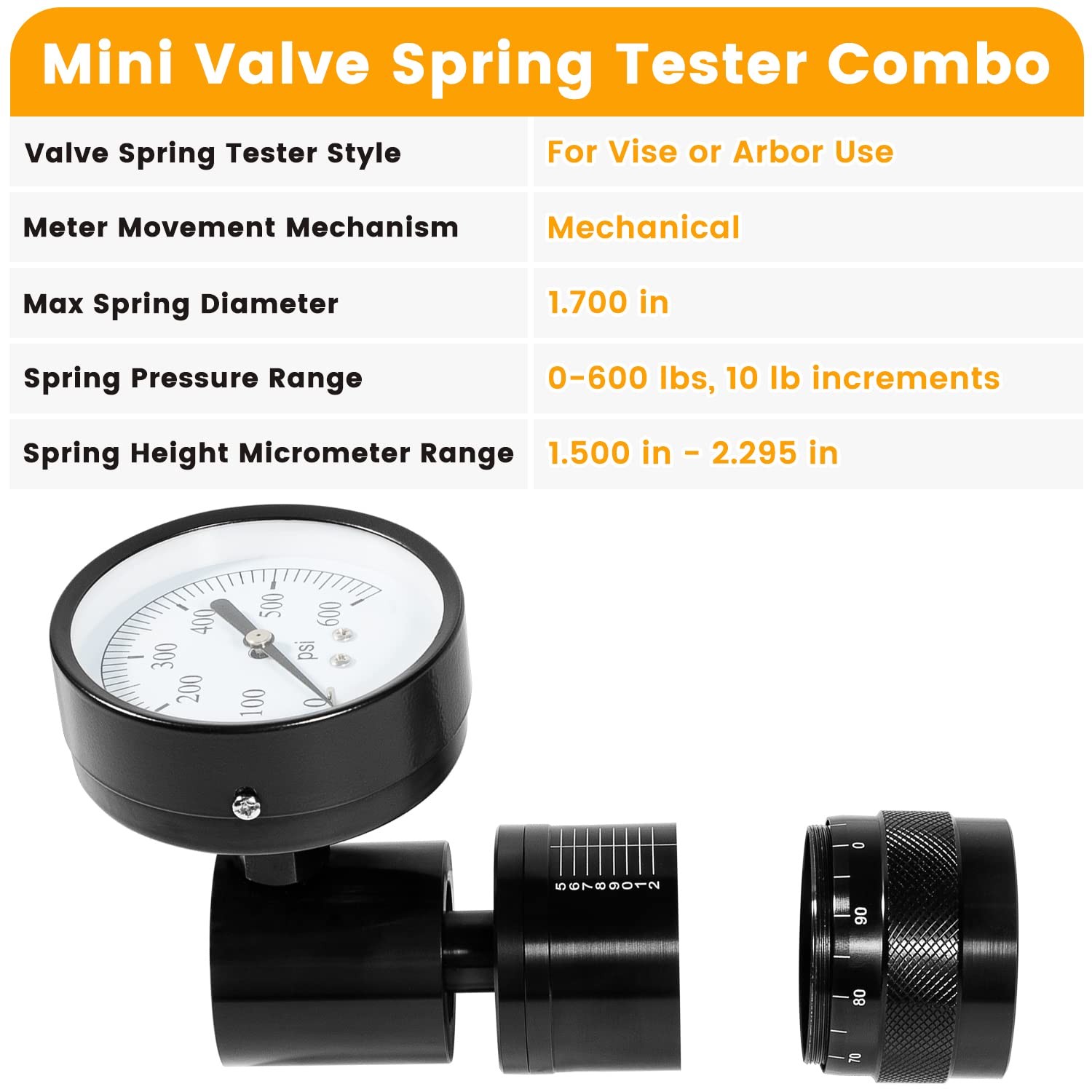 66841 Mechanical Mini Valve Spring Tester & Measuring Combo w/Round Dial 0-600LB