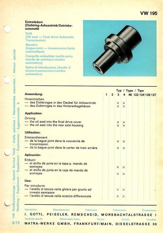 Genuine VW special Tool- NOS VW Dealership Tool- VW195 Peiseler Oil Seal Drift