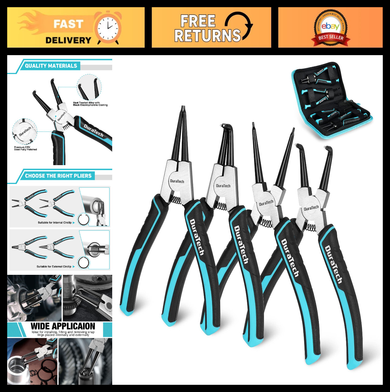 4 PCS Snap Ring Pliers Set – 7″ Heavy Duty Internal/External Circlip Kit, CRV St