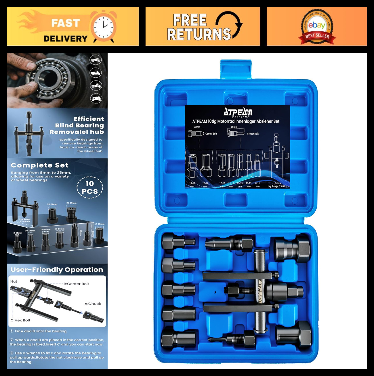 10pc Motorcycle Wheel Bearing Puller Set, 8-25mm Blind Hole Tool for Bearings Re