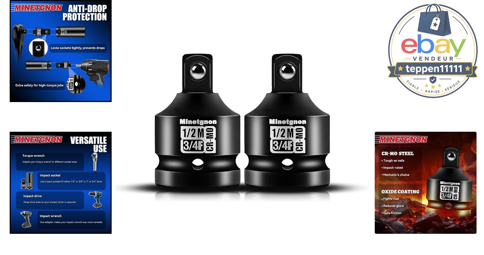 3/4″ to 1/2″ Impact Socket Adapter Set, 2PCS Chrome Molybdenum Steel