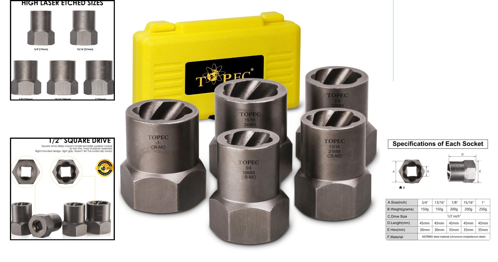 1/2″ Drive Impact Extractor Set – 5-Piece Tool Kit for Stubborn Bolts